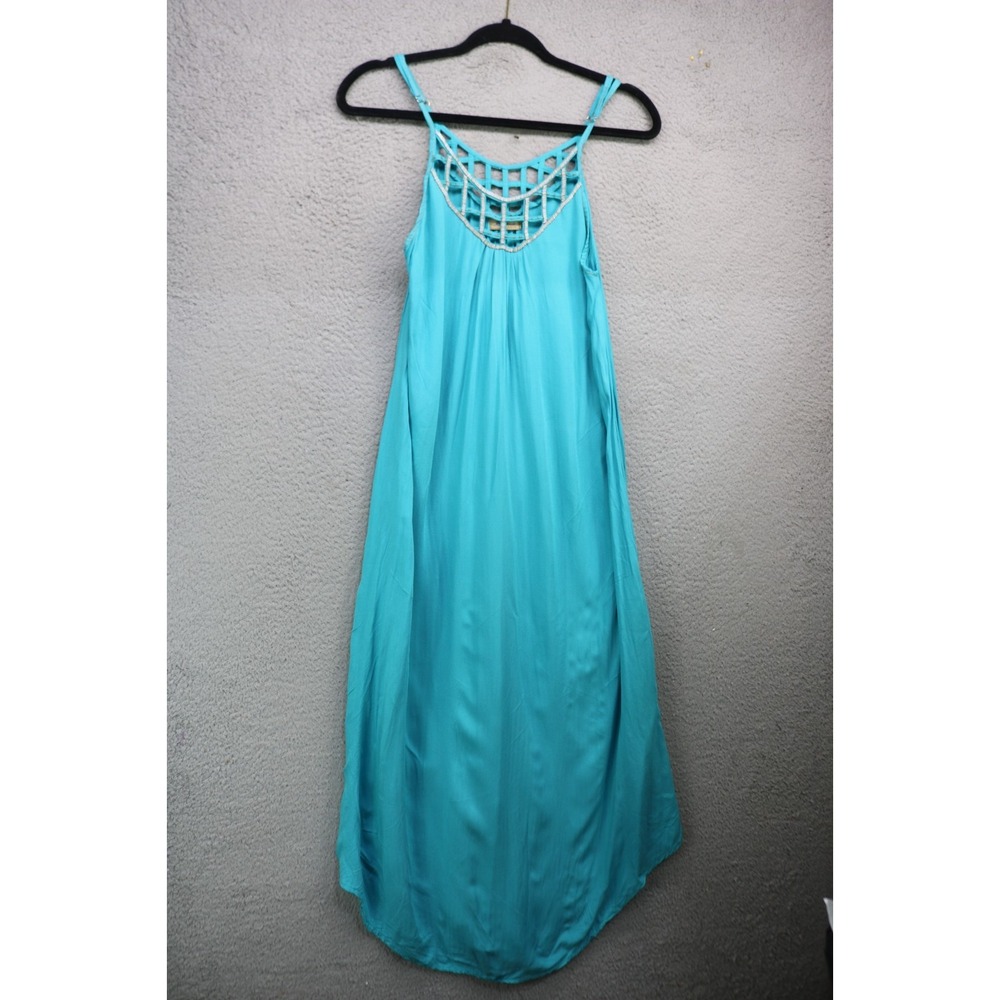 Skemo Anthropologie Hand Stitched Beaded Teal Maxi Dress-Small-Beachy-BOHO